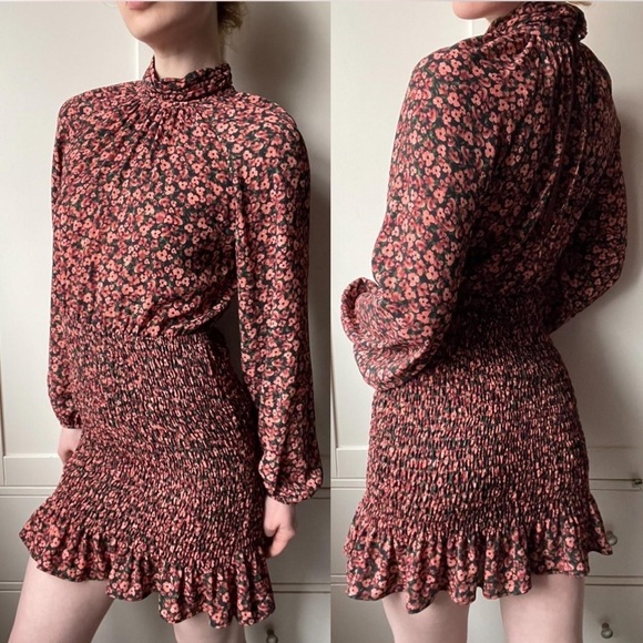 Zara Ditsy Floral-Shirring-Ruffle-Long Sleeve-Mini Dress-Back Slit-Women XS - Picture 2 of 12